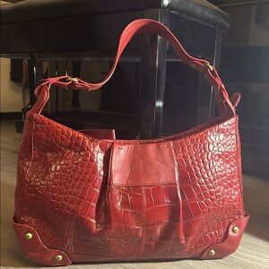 Red Crocodile-Embossed Leather Shoulder Bag, Made in Italy